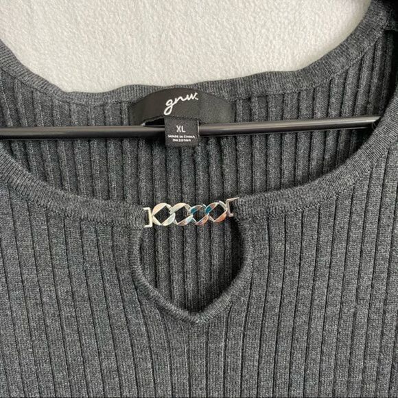 GNW Grey Long Sleeve Ribbed Sweater with Chainlink Keyhole Neckline - Picture 2 of 6